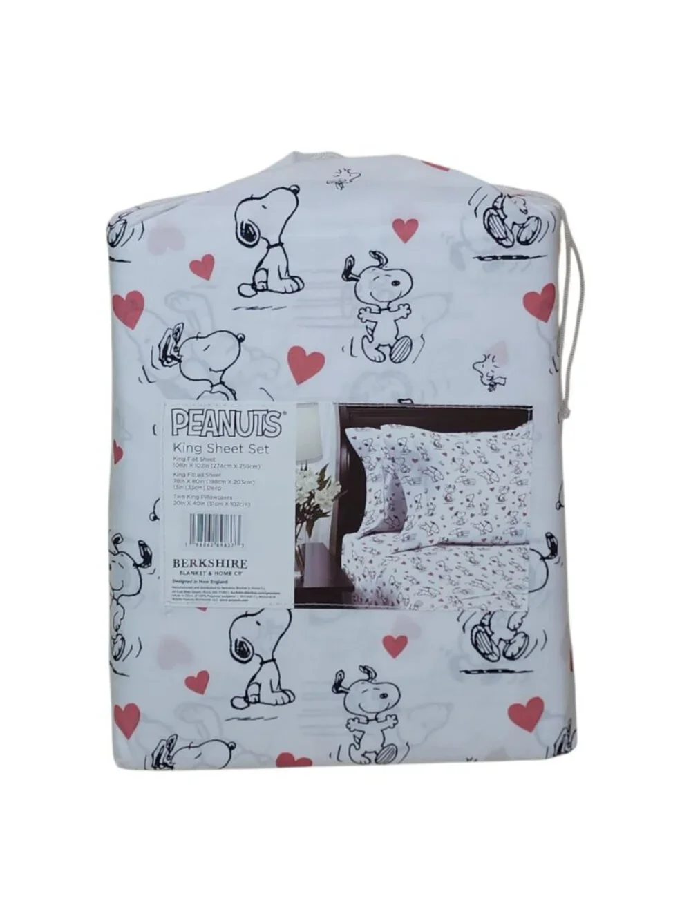 Peanuts King Sheet Set By Berkshire Snoopy & Hearts Pattern Valentines Day